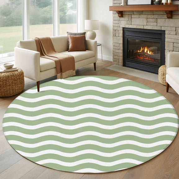 Abstract Waves Round Living Room Rugs 6 ft, Stripes Sage Green Water Ripple Washable Area Rug with Non-Slip Sturdy Edge Binding Round Carpet for Kitchen Office Bedroom