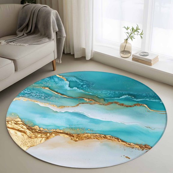 Abstract Waves Round Rugs for Living Room 3ft Blue Retro Oil Painting Style Hand-painted Non Slip Circle Rug Washable Low-Profile Indoor Carpet for Bedroom, Dining Room, Bathroom