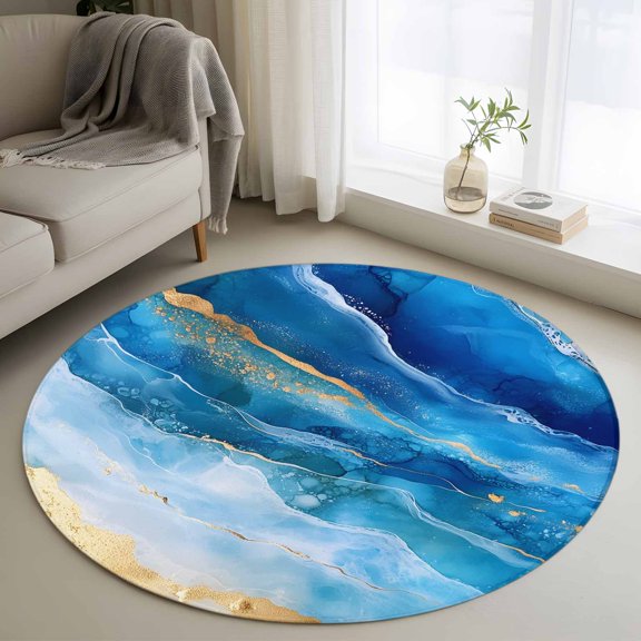 Abstract Waves Round Rugs for Living Room 3ft Retro Blue Gold White Oil Painting Style Non Slip Circle Rug Washable Low-Profile Indoor Carpet for Bedroom, Dining Room, Bathroom
