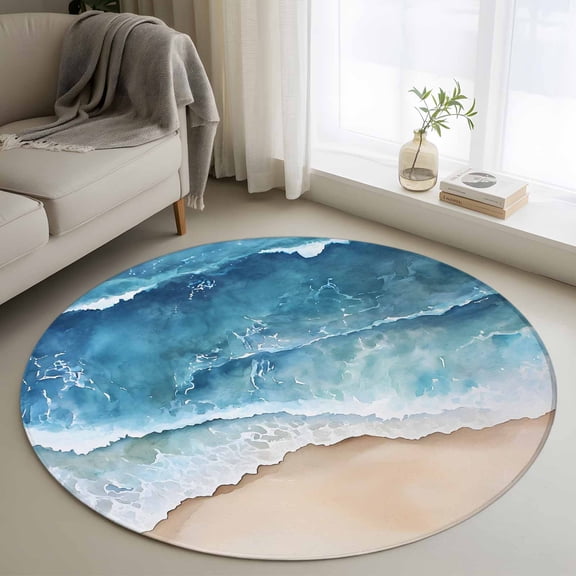 Abstract Waves Round Rugs for Living Room 4ft Blue White Ocean Spray Seaside Watercolor Non Slip Circle Rug Washable Low-Profile Indoor Carpet for Bedroom, Dining Room, Bathroom