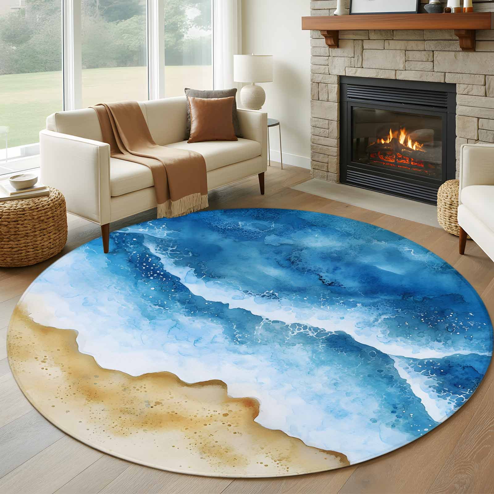 Abstract Waves Round Rugs for Living Room 6ft Beach Ocean Spray ...