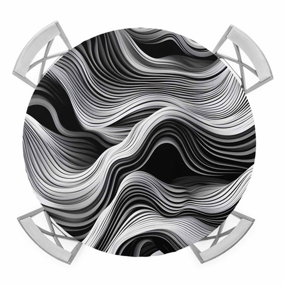 Abstract Waves Round Tablecloth for 55-60 Inch Tables,Fitted Table Cover with Elastic Edge,Black Grey Modern Geometric Striped Waterproof Outdoor Table Cloth Protector for Patio Garden Dinner Picnic