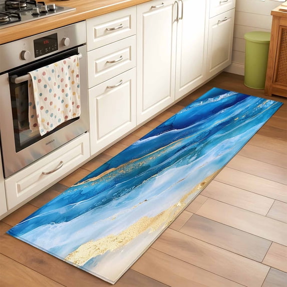 Abstract Waves Runner Rugs 2x6 ft Retro Blue Gold White Oil Painting Style Washable Hallway Rugs Non-Slip Floor Mats Absorbent Carpet Bedside Runners for Bedroom Kitchen Bathroom Laundry Room