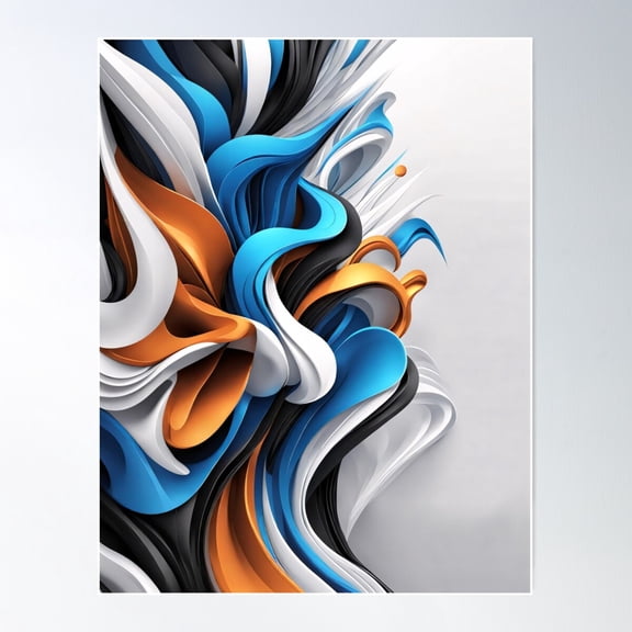 Abstract Waves Shape Art Black Blue Orange White V2 Poster Wall Art, Modern Wall Decor For Living Room Bedroom, 24x36 UNFRAMED