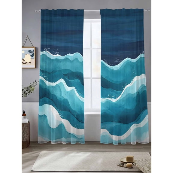 Abstract Waves Sheer Curtains 108 Inches Long 2 Panels Navy Blue Wave Gradient Navy Background Light Filtering Semi Sheer Window Curtains Drapes for Bedroom Living Room 52"x108"