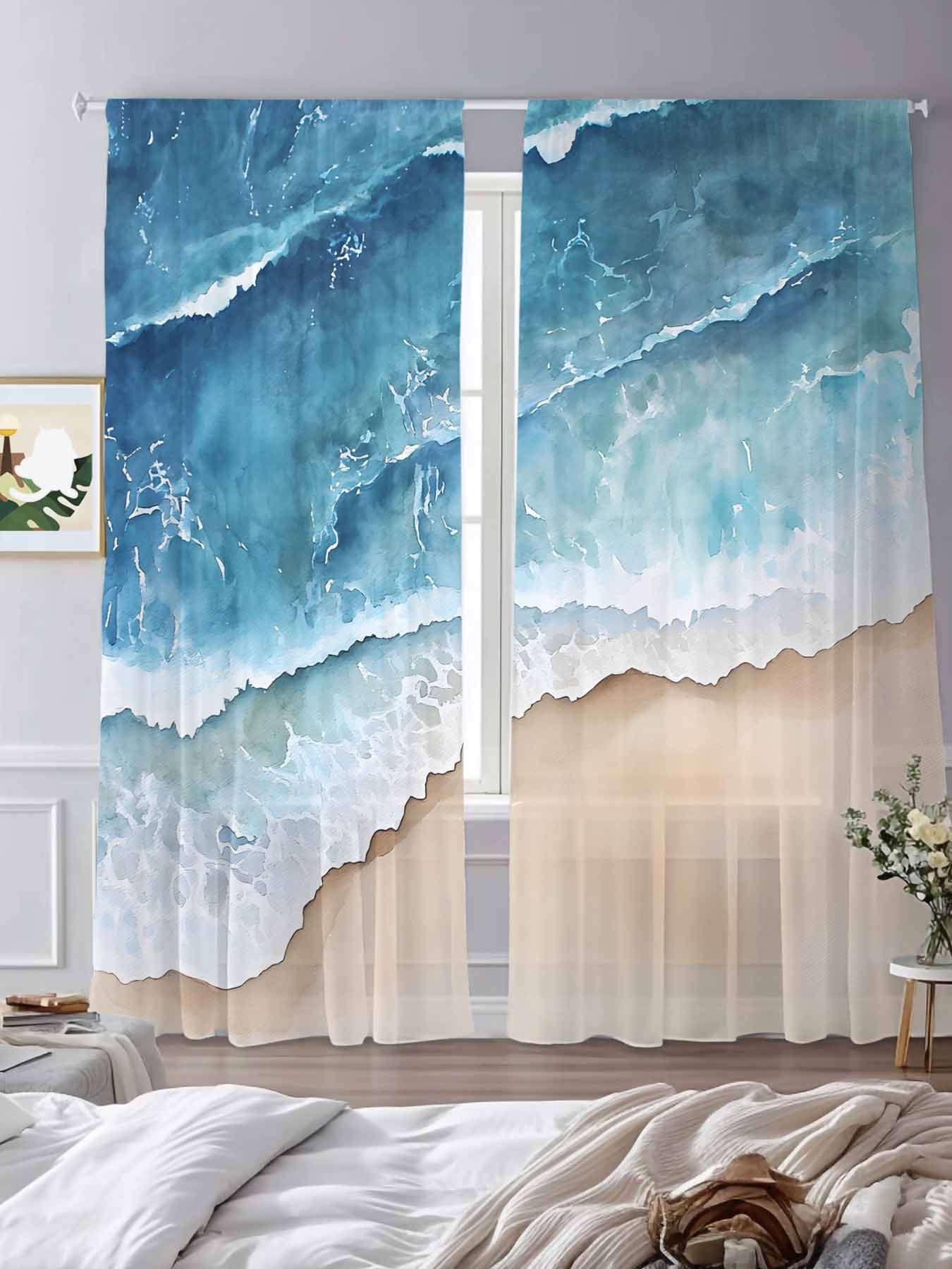 Abstract Waves Sheer Curtains 108 inches Long 2 Panels Set Blue White ...