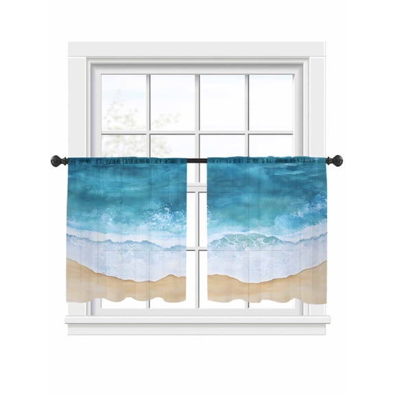 Abstract Waves Sheer Curtains 2 Panels Set Blue White Ocean Seaside Spray Watercolor Sheer Window Curtains Light Filtering Rod Pocket Voile Drapes for Bedroom Living Room 52"x54"
