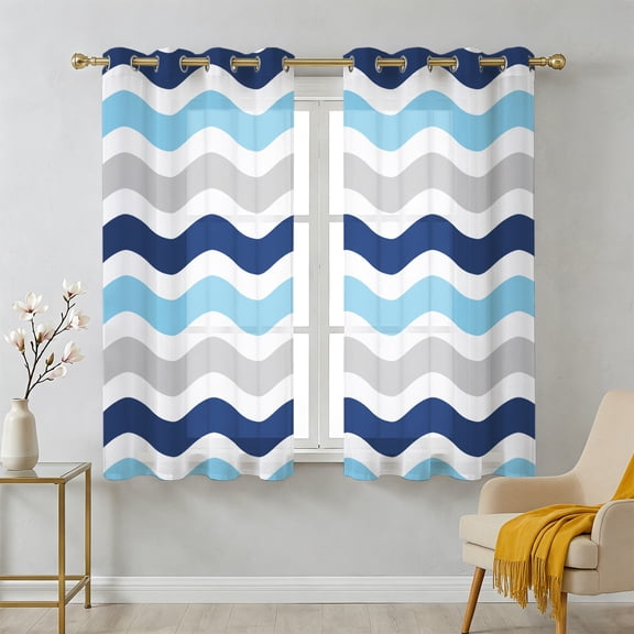 Abstract Waves Sheer Curtains 39 Inch Long 2 Panels, Blue Grey Water Ripple Stripes Light Filtering Semi Sheer Drapes Grommet Voile Window Curtain for Living Bedroom W27.9 x L39