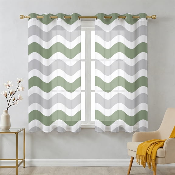 Abstract Waves Sheer Curtains 39 Inch Long 2 Panels, Green Grey Water Ripple Stripes Light Filtering Semi Sheer Drapes Grommet Voile Window Curtain for Living Bedroom W27.9 x L39