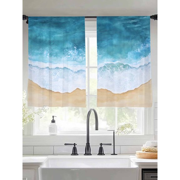 Abstract Waves Sheer Curtains 45 Inches Long 2 Panels Blue White Ocean Seaside Spray Watercolor Light Filtering Semi Sheer Window Curtains Drapes for Bedroom Living Room 52"x45"