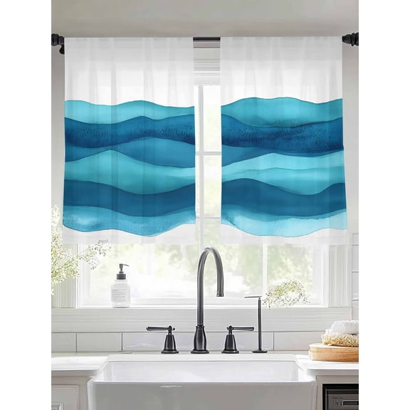 Abstract Waves Sheer Curtains 45 Inches Long 2 Panels Navy Blue Wave Gradient Impressionist Style Light Filtering Semi Sheer Window Curtains Drapes for Bedroom Living Room 52"x45"