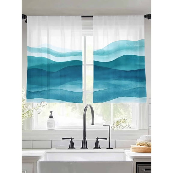 Abstract Waves Sheer Curtains 54 Inches Long 2 Panels Navy Blue Wave Gradient Color Block Light Filtering Semi Sheer Window Curtains Drapes for Bedroom Living Room 52"x54"