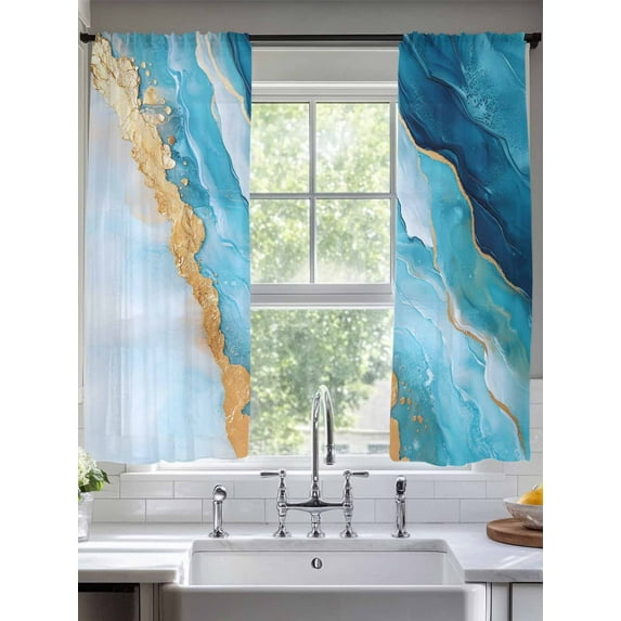 Abstract Waves Sheer Curtains 63 Inches Long 2 Panels Blue Gold White Retro Oil Painting Style Light Filtering Semi Sheer Window Curtains Drapes for Bedroom Living Room 52"x63"