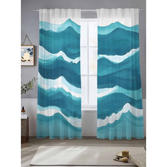 Abstract Waves Sheer Curtains 84 Inches Long 2 Panels Navy Blue Wave Gradient Modernism Light Filtering Semi Sheer Window Curtains Drapes for Bedroom Living Room 52"x84"