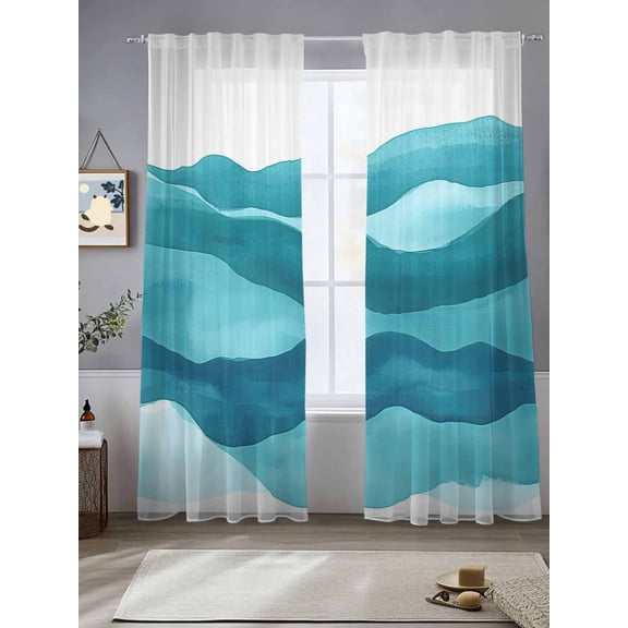 Abstract Waves Sheer Curtains 84 Inches Long 2 Panels Navy Blue Wave Gradient Ocean Summer Light Filtering Semi Sheer Window Curtains Drapes for Bedroom Living Room 52"x84"