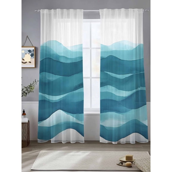 Abstract Waves Sheer Curtains 84 Inches Long 2 Panels Navy Blue Wave Gradient Summer Nature Light Filtering Semi Sheer Window Curtains Drapes for Bedroom Living Room 52"x84"