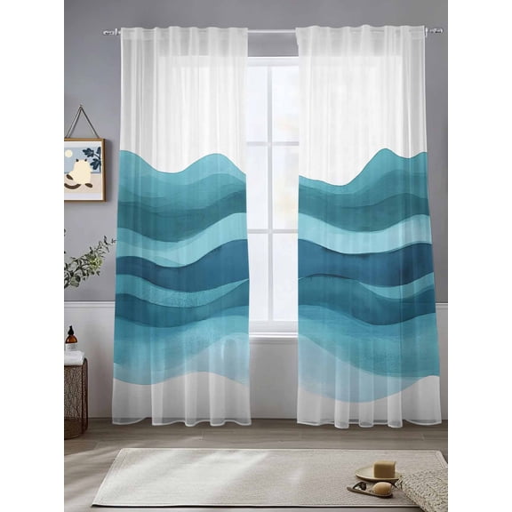 Abstract Waves Sheer Curtains 84 Inches Long 2 Panels Navy Blue Wave Gradient Summer Ocean Light Filtering Semi Sheer Window Curtains Drapes for Bedroom Living Room 52"x84"