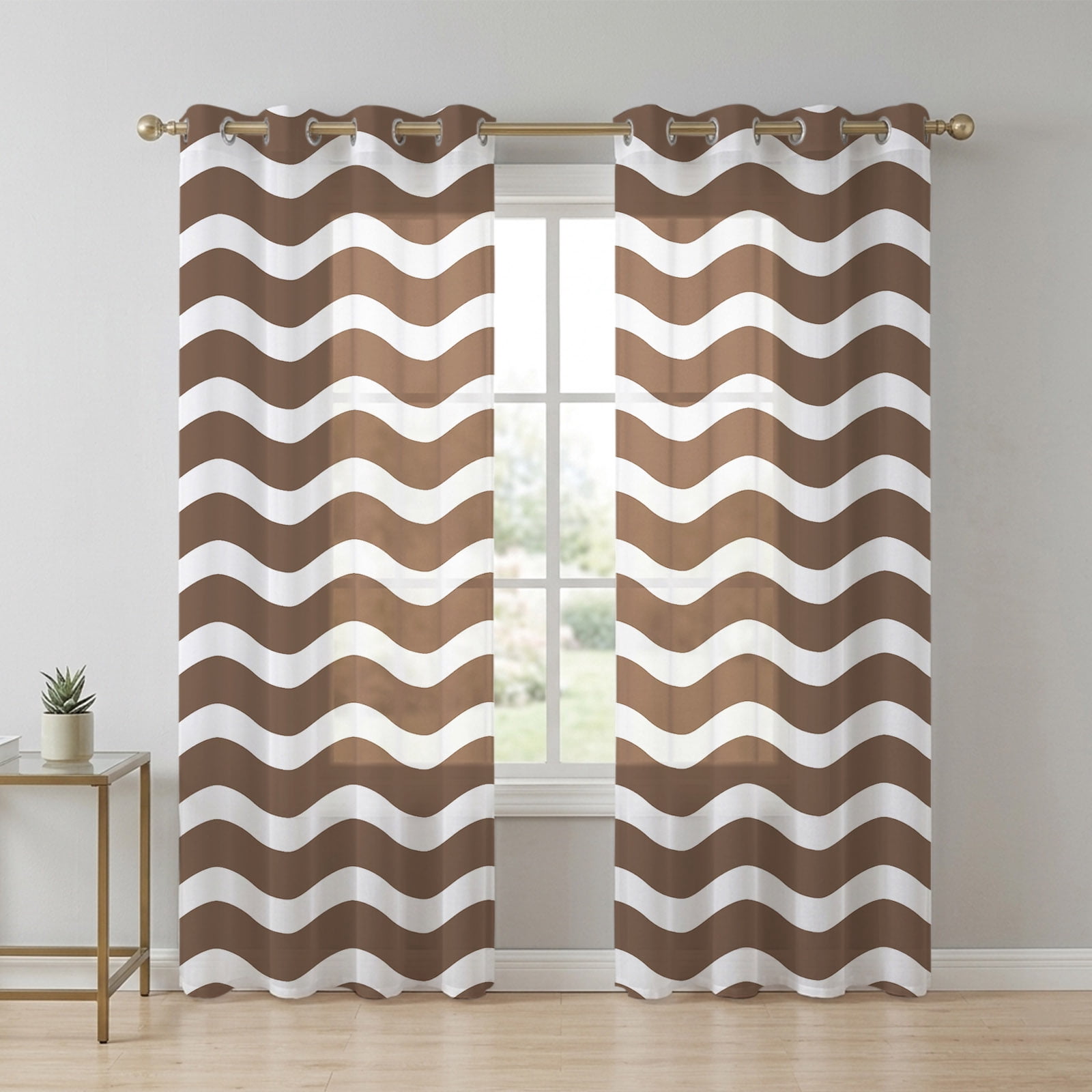 Abstract Waves Sheer Curtains 90 Inch Long 2 Panels, Stripes Brown ...