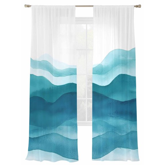 Abstract Waves Sheer Curtains for Living Room Bedroom, Light-filtering Sheer Curtain, Navy Blue Wave Gradient Color Block Rod Pocket Voile Window Treatment Drapes, 52’’Wx96’’L, 2 Panels Set
