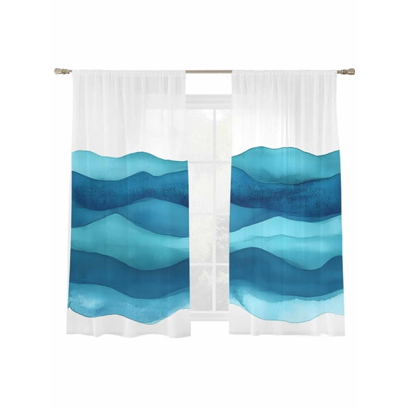 Abstract Waves Sheer Curtains for Living Room Bedroom, Light-filtering Sheer Curtain, Navy Blue Wave Gradient Impressionist Style Rod Pocket Voile Window Treatment Drapes, 52’’Wx63’’L, 2 Panels Set