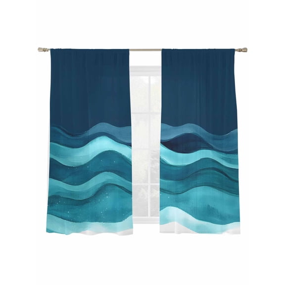 Abstract Waves Sheer Curtains for Living Room Bedroom, Light-filtering Sheer Curtain, Navy Blue Wave Gradient Nature Ocean Rod Pocket Voile Window Treatment Drapes, 52’’Wx63’’L, 2 Panels Set