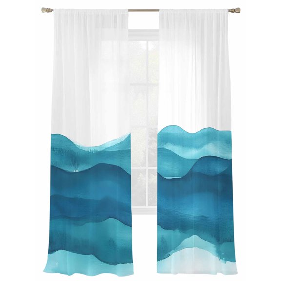 Abstract Waves Sheer Curtains for Living Room Bedroom, Light-filtering Sheer Curtain, Navy Blue Wave Gradient Nature Summer Rod Pocket Voile Window Treatment Drapes, 52’’Wx84’’L, 2 Panels Set