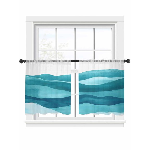 Abstract Waves Sheer Curtains for Living Room Bedroom, Light-filtering Sheer Curtain, Navy Blue Wave Gradient Ocean Summer LigRod Pocket Voile Window Treatment Drapes, 52’’Wx54’’L, 2 Panels Set