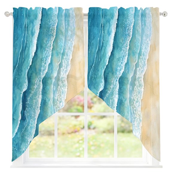 Abstract Waves Sheer Curtains Swag Valances for Windows Spray Blue Ocean Seaside Watercolor Rod Pocket Swag Curtain Small Window Curtain for Kitchen Living Room Bedroom, 1 Pair 28"W x 36"L