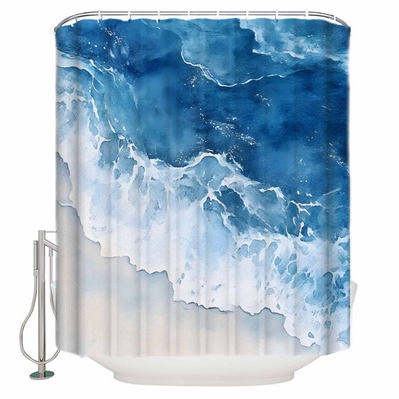 Abstract Waves Shower Curtain, 36" x 72", Blue Ocean Spray Seaside Watercolor Waterproof Bathroom Curtain Washable Shower Curtain Set with 12 Hooks