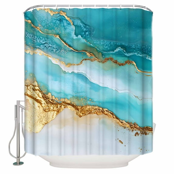 Abstract Waves Shower Curtain, 36" x 72", Blue Retro Oil Painting Style Hand-painted Waterproof Bathroom Curtain Washable Shower Curtain Set with 12 Hooks