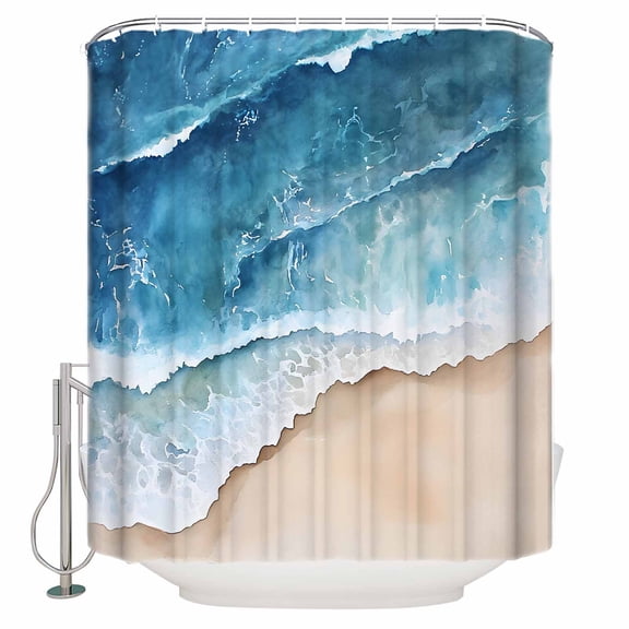 Abstract Waves Shower Curtain, 72" x 72", Blue White Ocean Spray Seaside Watercolor Waterproof Bathroom Curtain Washable Shower Curtain Set with 12 Hooks
