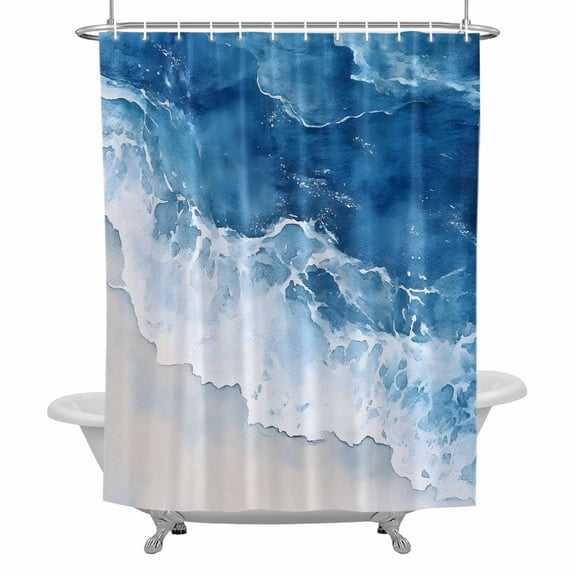 Abstract Waves Shower Curtain for Bathroom, Blue Ocean Spray Seaside Watercolor Waterproof Cloth Fabric Bathroom Accessories Set with 12 Rust Proof Plastic Hooks, 36"x78"
