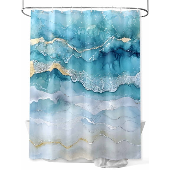 Abstract Waves Shower Curtain, Spray Beach Ocean Watercolor Waterproof Shower Curtain Set with 12 Hooks Lightweight Washable Fabric Shower Curtains for Bathroom 60x72 Inches