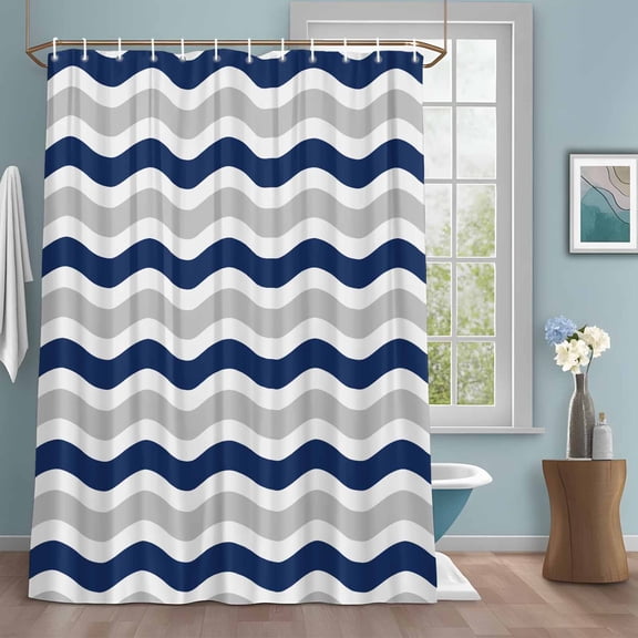 Abstract Waves Shower Curtains for Bathroom, Navy Blue Grey Water Ripple Stripes Washable Fabric Shower Curtain with Hooks Waterproof Bathroom Decor Sets, 72 x 72 Inches