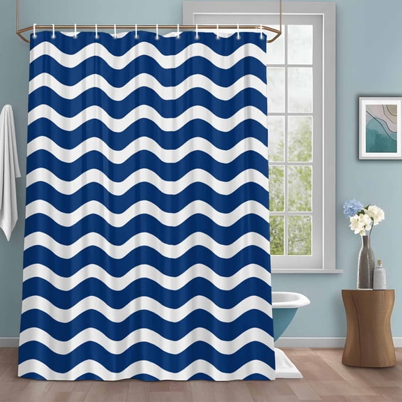 Abstract Waves Shower Curtains for Bathroom, Stripes Navy Blue Water Ripple Washable Fabric Shower Curtain with Hooks Waterproof Bathroom Decor Sets, 72 x 72 Inches