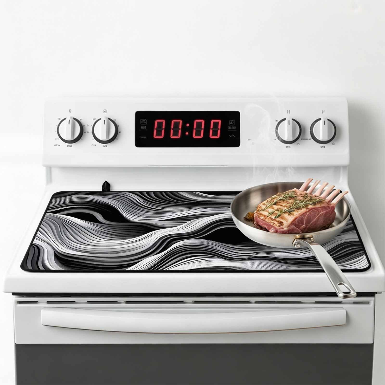 Abstract Waves Stove Top Cover for Electric Stove, Heat-proof & Non Slip Glass Top Stove Cover Protector, Black Grey Modern Geometric Striped Kitchen Flat Cooktop Rubber Mat 24x21 Inches