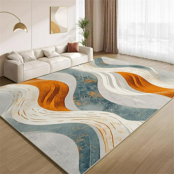 Abstract Waves Stripes Area Rugs, Orange Blue Gray Carpet, Washable Non Slip Low Pile Soft Rug for Living Room Bedroom Office Decor Mat 3ftx5ft