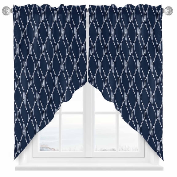 Abstract Waves Swag Curtain Valance for Windows, Modern Abstract Geometric Navy Blue Water Ripples Window Treatments Short Swag Topper for Kitchen Windows Bathroom Bedroom, 28"x36"