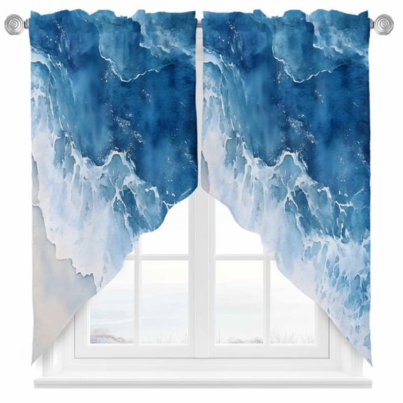 Abstract Waves Swag Valances for Windows 2 Pack Blue Ocean Spray Seaside Watercolor Swag Kitchen Curtains 36 Inches Long Rod Pocket Short Window Treatment for Kitchen Bathroom 36"x36"