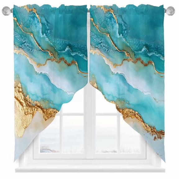 Abstract Waves Swag Valances for Windows 2 Pack Blue Retro Oil Painting Style Hand-painted Swag Kitchen Curtains 45 Inches Long Rod Pocket Short Window Treatment for Kitchen Bathroom 36"x45"