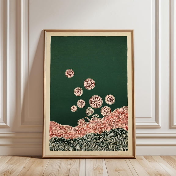 Abstract Waves Symbols Woodblock Style Minimal Nature Wall Decor Unframed Paper Print