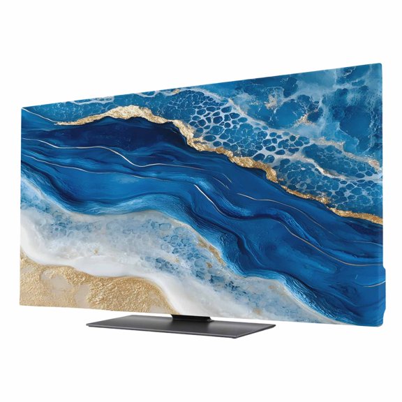 Abstract Waves TV Dust Cover 24 Inch, White Gold Blue Ocean Oil Painting Style Computer Monitor Cover Dustproof Stretchable Indoor TV Screen Protector for LED LCD Universal Monitors