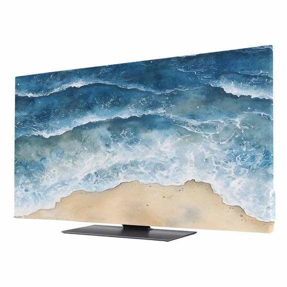 Abstract Waves TV Dust Cover 75 Inch, Blue Ocean Spray Beach Watercolor Computer Monitor Cover Dustproof Stretchable Indoor TV Screen Protector for LED LCD Universal Monitors