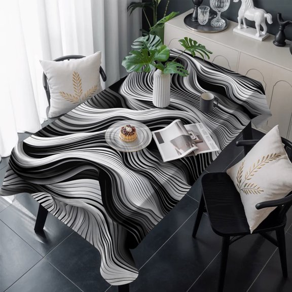 Abstract Waves Table Cloth Waterproof Tablecloths, Black Grey Modern Geometric Striped Tablecloth Dining Table Cover for Kitchen Party Tabletop Outdoor, Rectangle Tablecloth 60x120 Inch