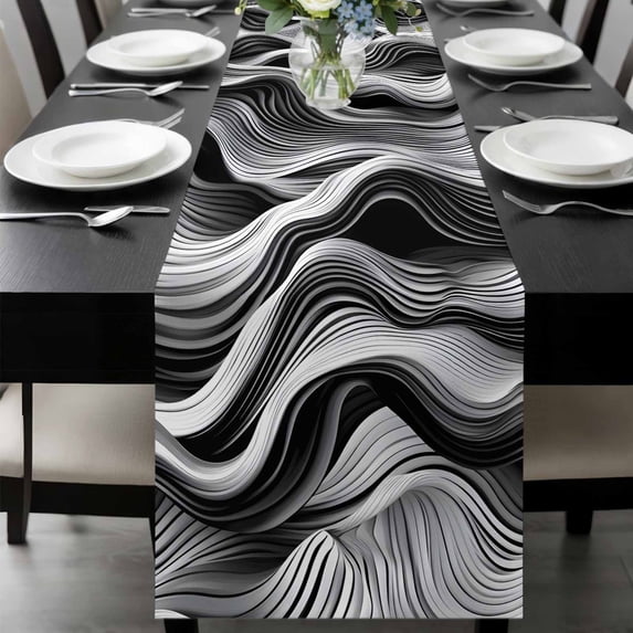 Abstract Waves Table Runner 108 Inches Long, Black Grey Modern Geometric Striped Kitchen Coffee Dining Table Decoration for Home Party Birthday Wedding Home Decor 13x108 Inches