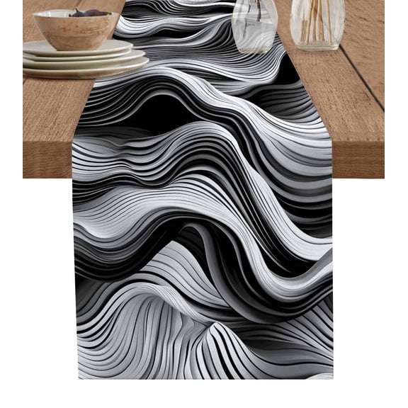 Abstract Waves Table Runner Cotton Linen 108 Inch Holiday Dresser Scarves, Black Grey Modern Geometric Striped Tablerunner for Kitchen Coffee Dining Bedroom Living Room Dinner Scarf Décor 13''x108''