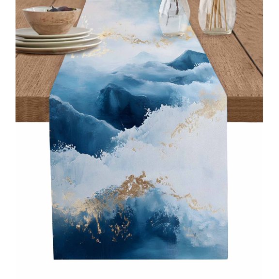 Abstract Waves Table Runner-Cotton Linen- 72 Inch Holiday Dresser Scarves, Gradient Mountain Nature Scenery Art Tablerunner for Kitchen Coffee/Dining Bedroom Home Living Room Dinner Scarf Décor 13x72