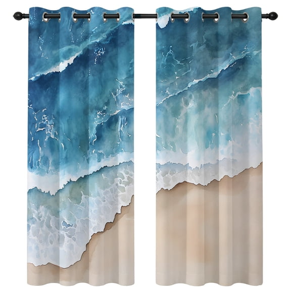 Abstract Waves Thermal Blackout Curtains for Bedroom 52"W x 96"L Blue White Ocean Spray Seaside Watercolor Grommet Privacy Curtain 2 Panels, Room Darkening Drapes for Living Room