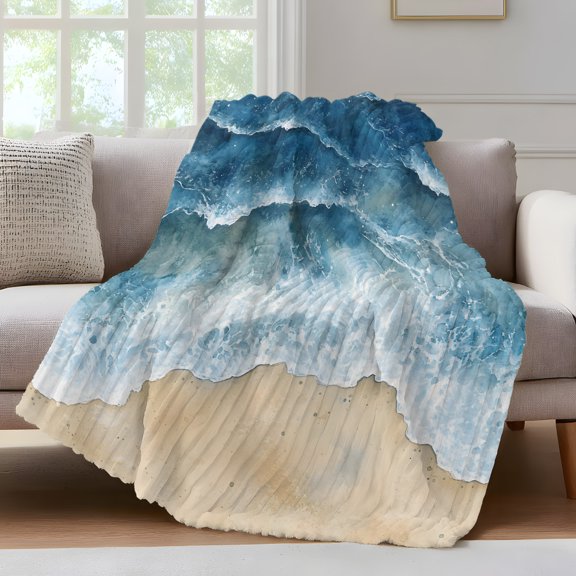 Abstract Waves Throw Blanket for Couch Blue Ocean Spray Beach Watercolor Soft and Warm Flannel 3D Striped Fluffy Fuzzy Fleece Blanket Lightweight Throw for Bed, Sofa 40 x 60 Inches