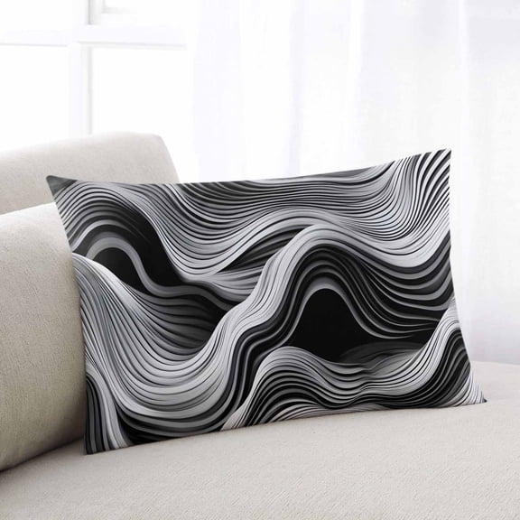 Abstract Waves Throw Pillow Cover, Pillowcase Protectors with Zipper, Breathable Decorative Lumbar Pillow Case Cover, Black Grey Modern Geometric Striped Pillow Shams for Couch Sofa 12x20Inch